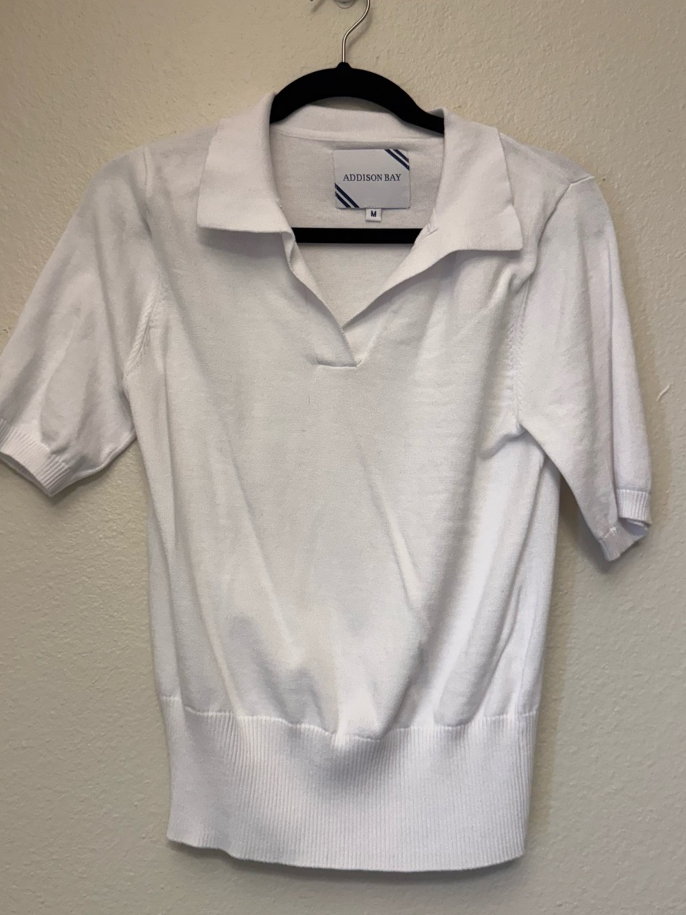 Addison Bay White Short-Sleeve Polo Knit Top with V-Notch